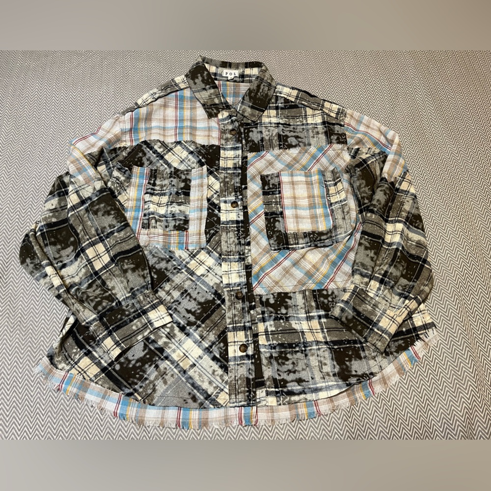 POL Rebel Roots Plaid Flannel Button Down Shirt/Shacket. Color: Choco Multi. - Picture 7 of 12